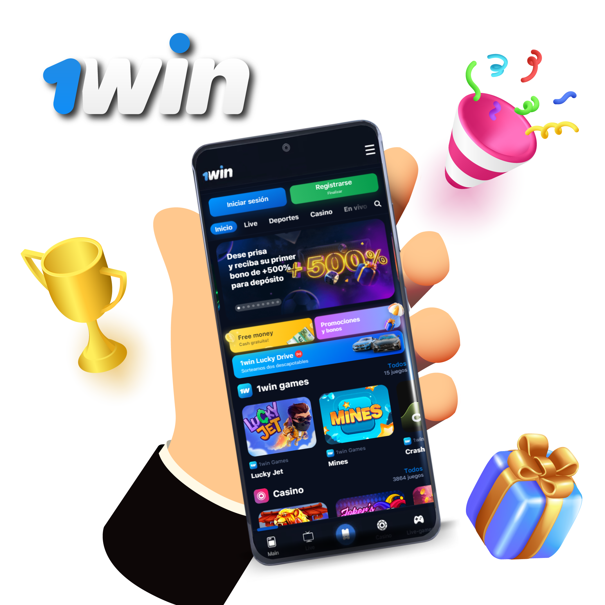 Interfaz móvil de 1win Argentina con bono de bienvenida del 500% y juegos como Mines y Lucky Jet