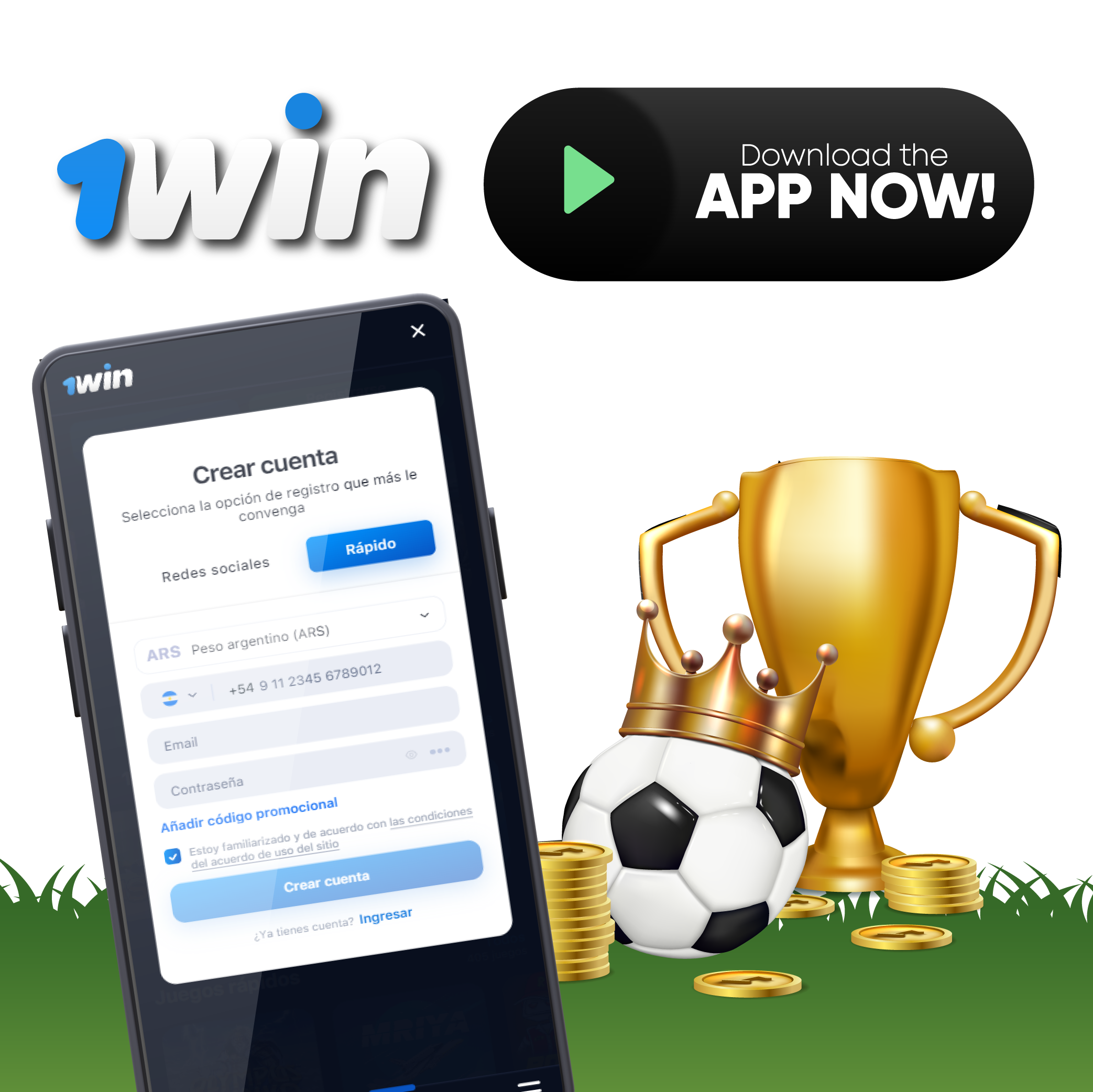 Formulario de registro en la app de 1win Argentina con soporte para peso argentino (ARS)