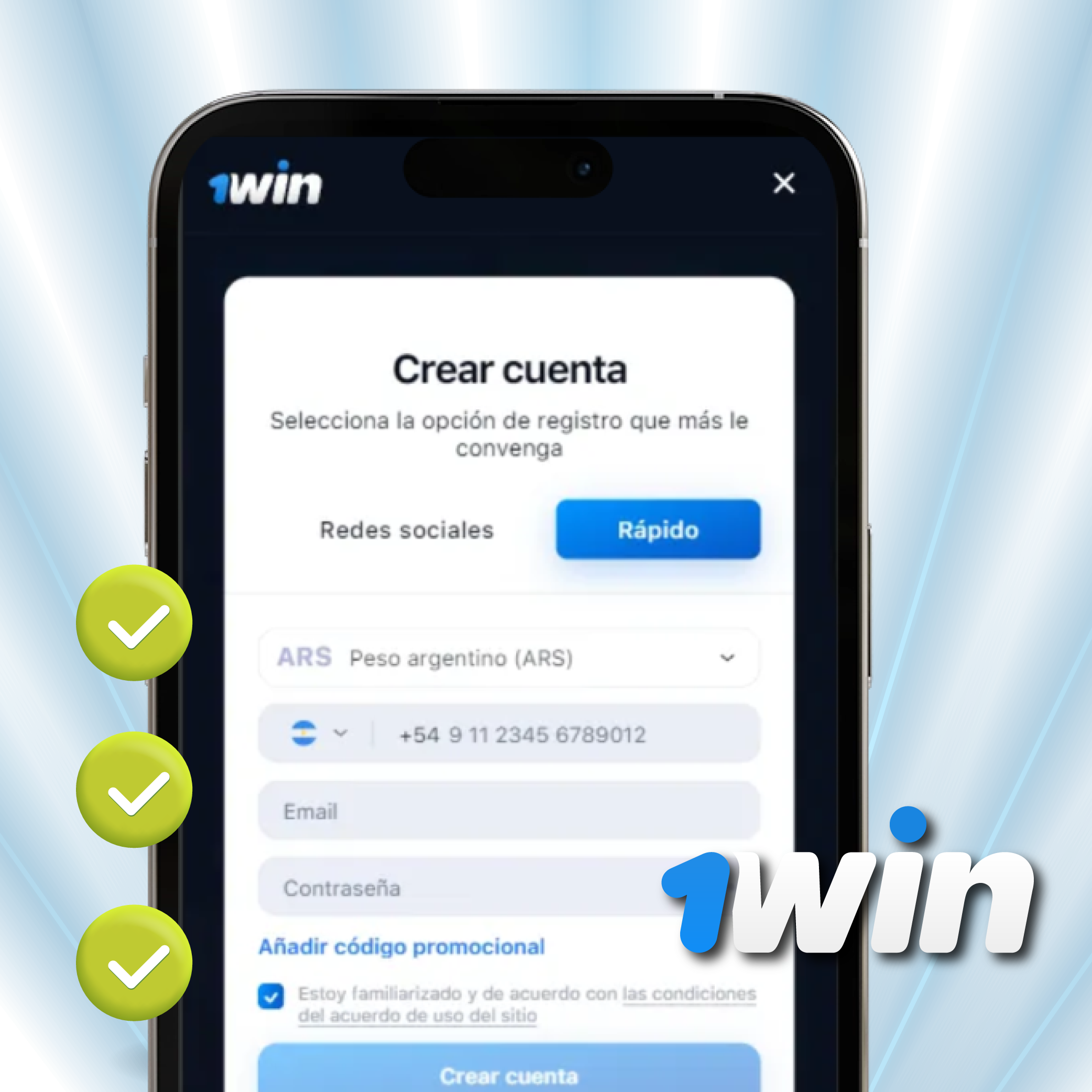 Formulario para crear una cuenta en 1win Argentina con verificación rápida y soporte en pesos argentinos