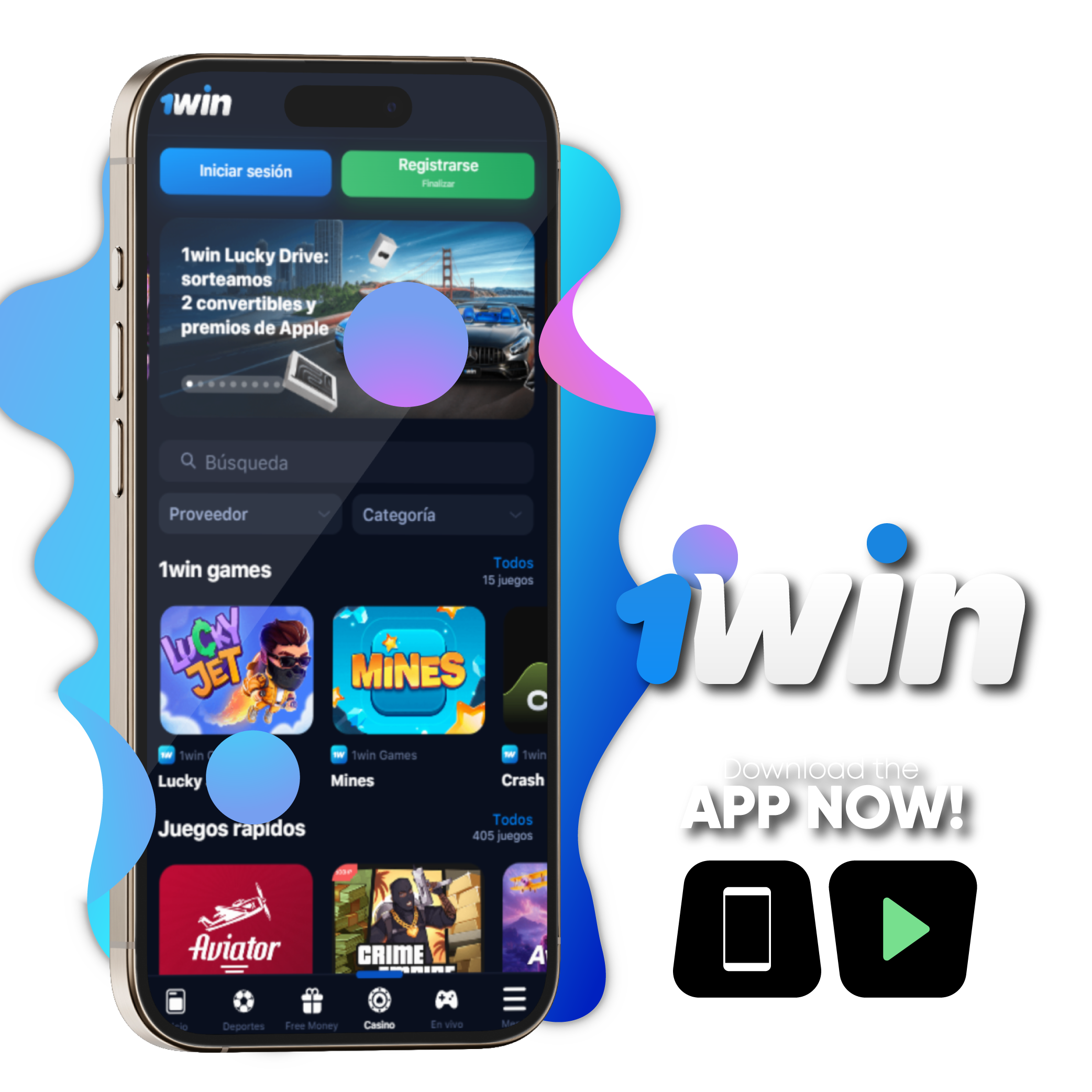 Vista previa de la app de 1win Argentina con juegos de casino como Mines y Aviator