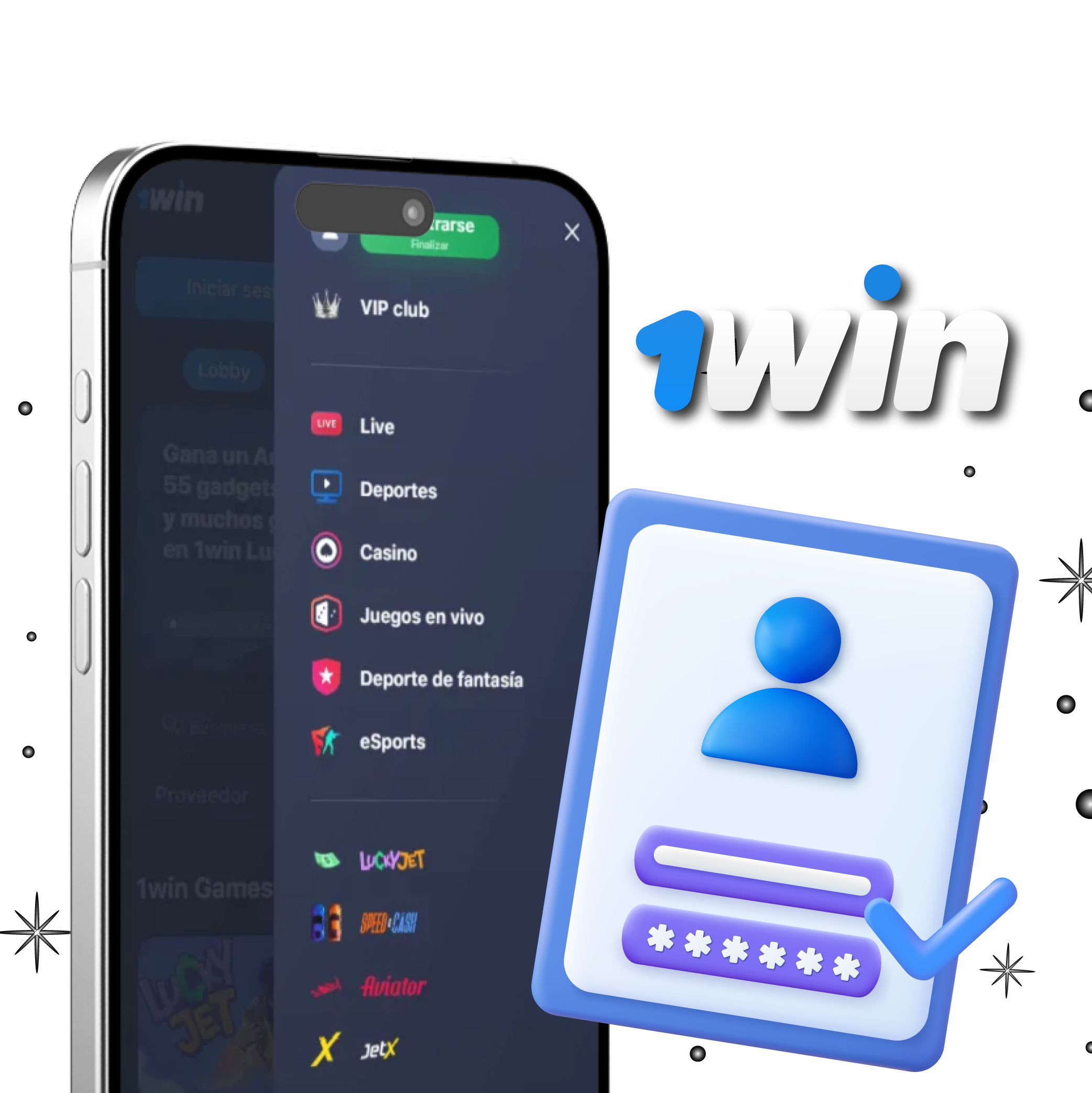 Menú de navegación de la app 1win Argentina con acceso a deportes, casino, juegos en vivo y registro