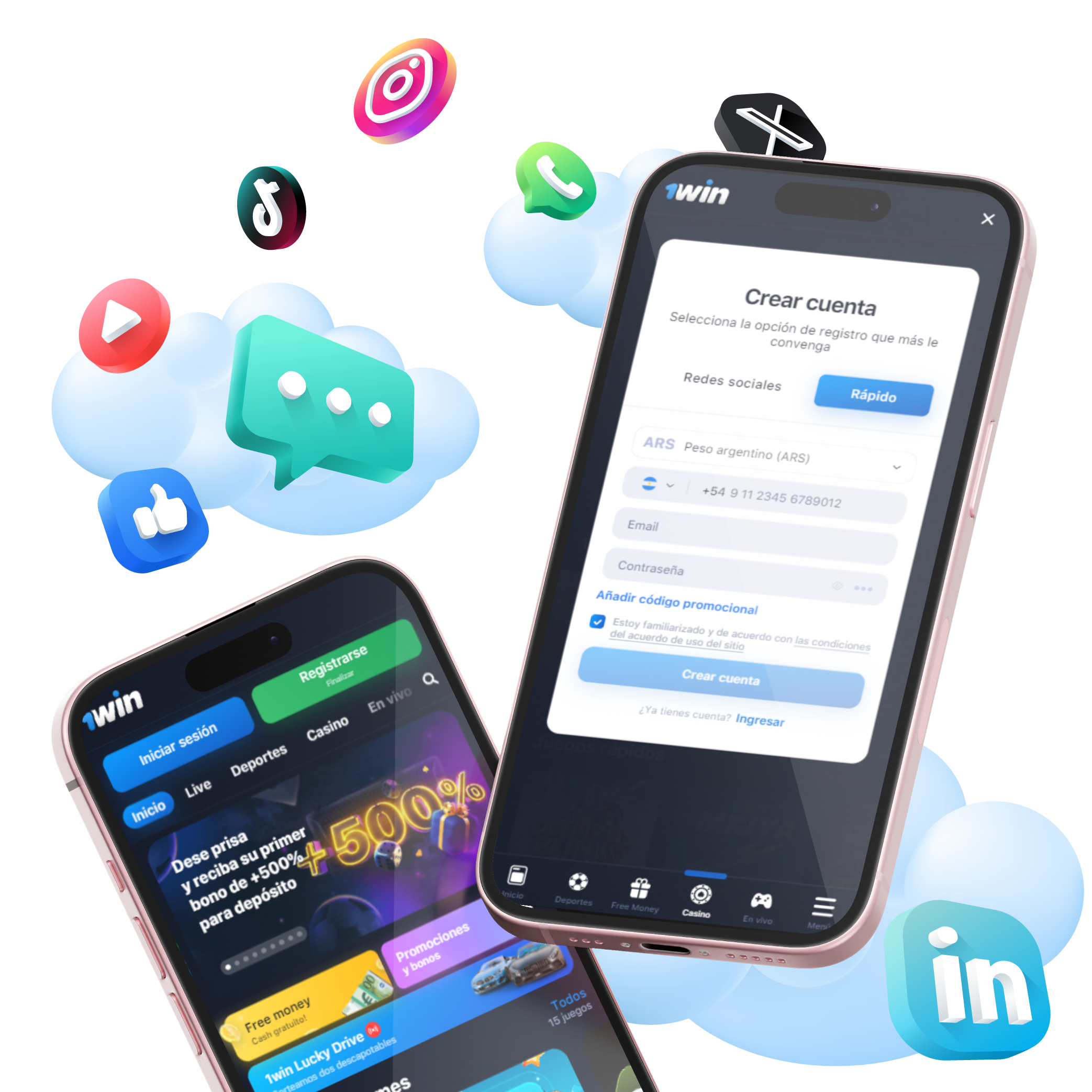 Formulario de registro en 1win Argentina con redes sociales y acceso móvil rápido